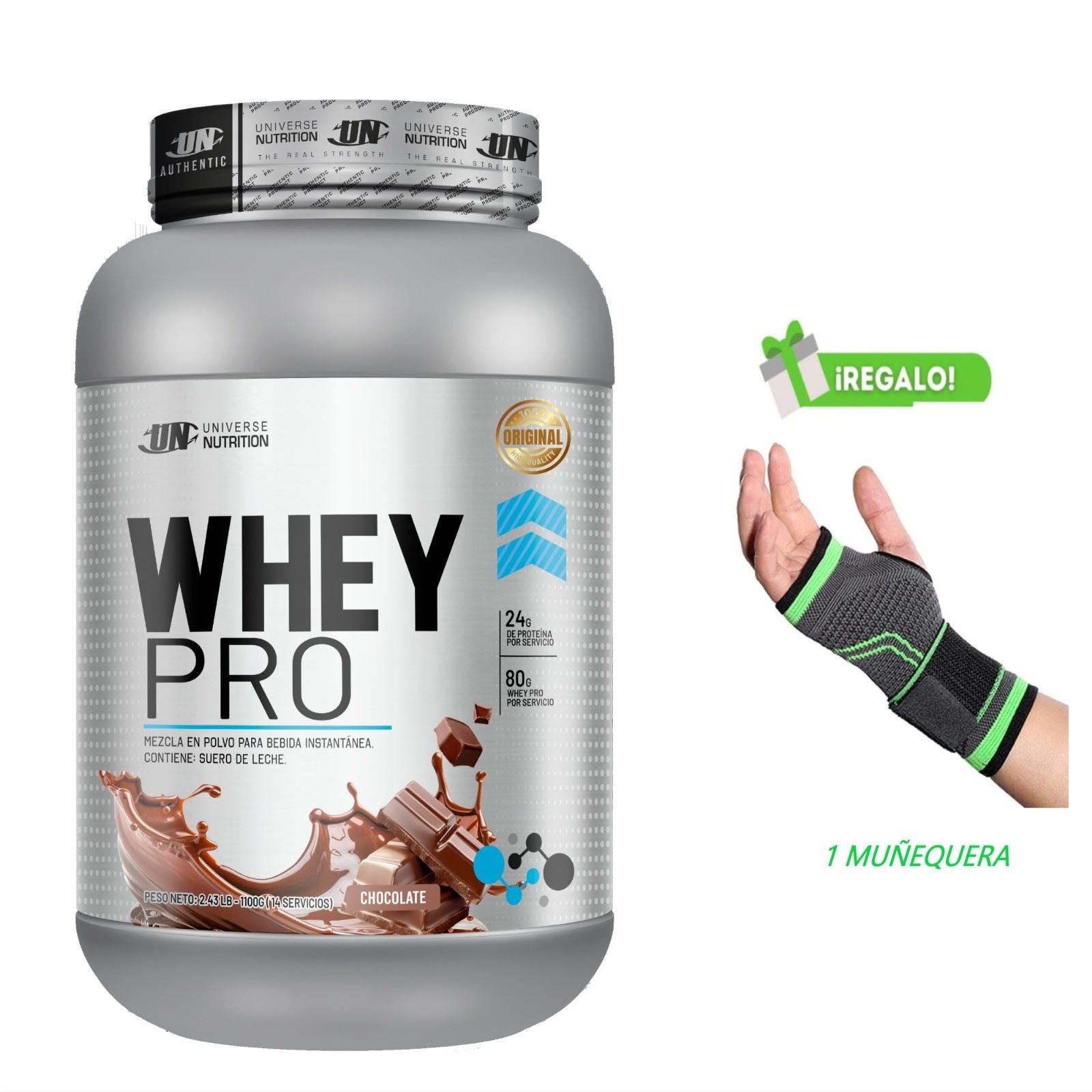PROTEÍNA WHEY PRO 1.1 KG CHOCOLATE +MUÑEQUERA