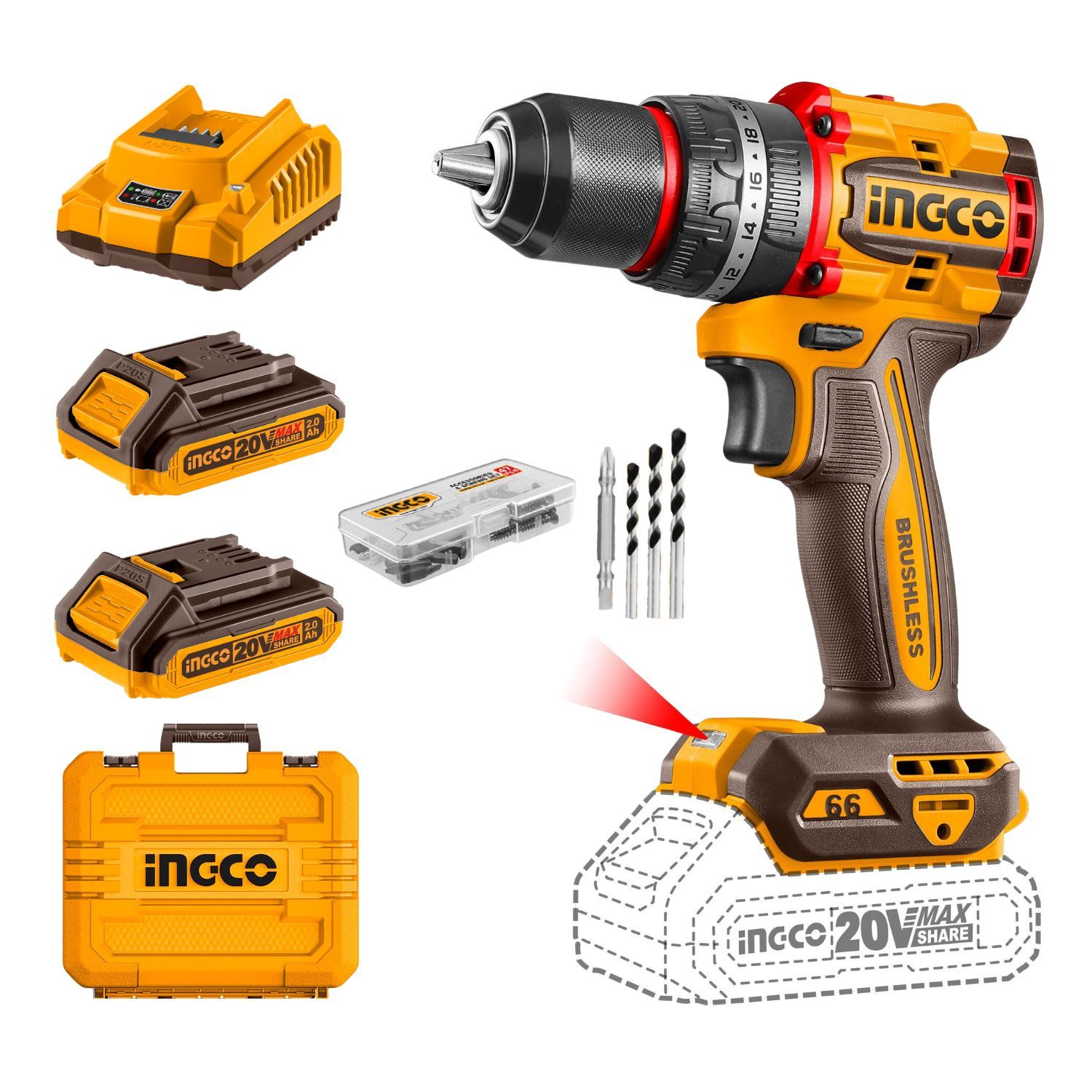 Taladro percutor 66nm industrial + 2 baterias 2ah Ingco