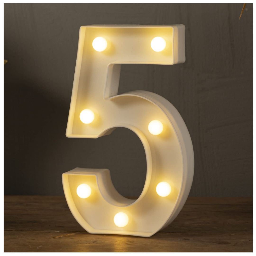 Números 5 Acrílico Blanco Con Luces Led A Pilas Cumpleaños