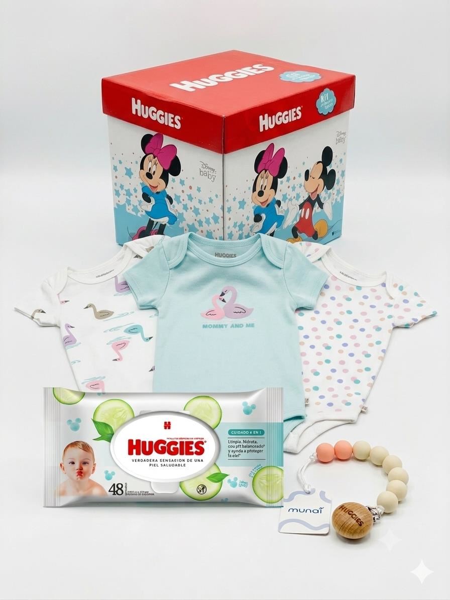 Pack de 3 bodies huggies niña cisne  3 meses + toallitas húmedas 48 unid + portachupón + caja de regalo
