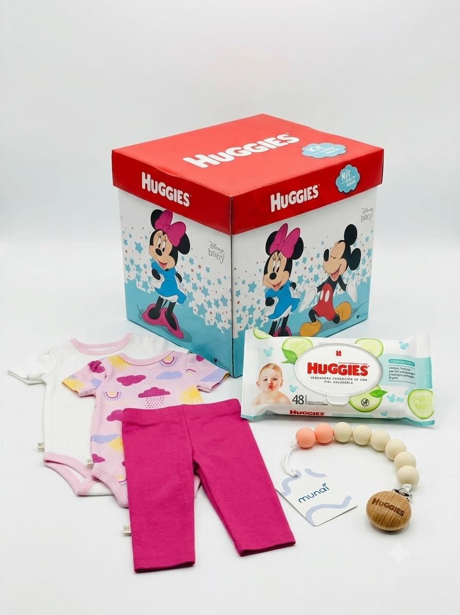 Cjto 2 bodies  y 1 pantalón huggies niña 3 meses + toallitas húmedas 48 unid + portachupón + caja de regalo