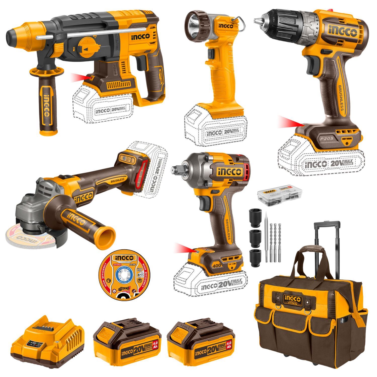 Taladro + Llave de impacto + amoladora + Rotomartillo + Linterna Ingco
