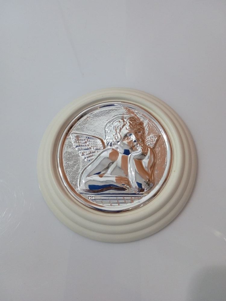 Medalla de Cuna en Madera Perla con Aplique de Angel Pensando