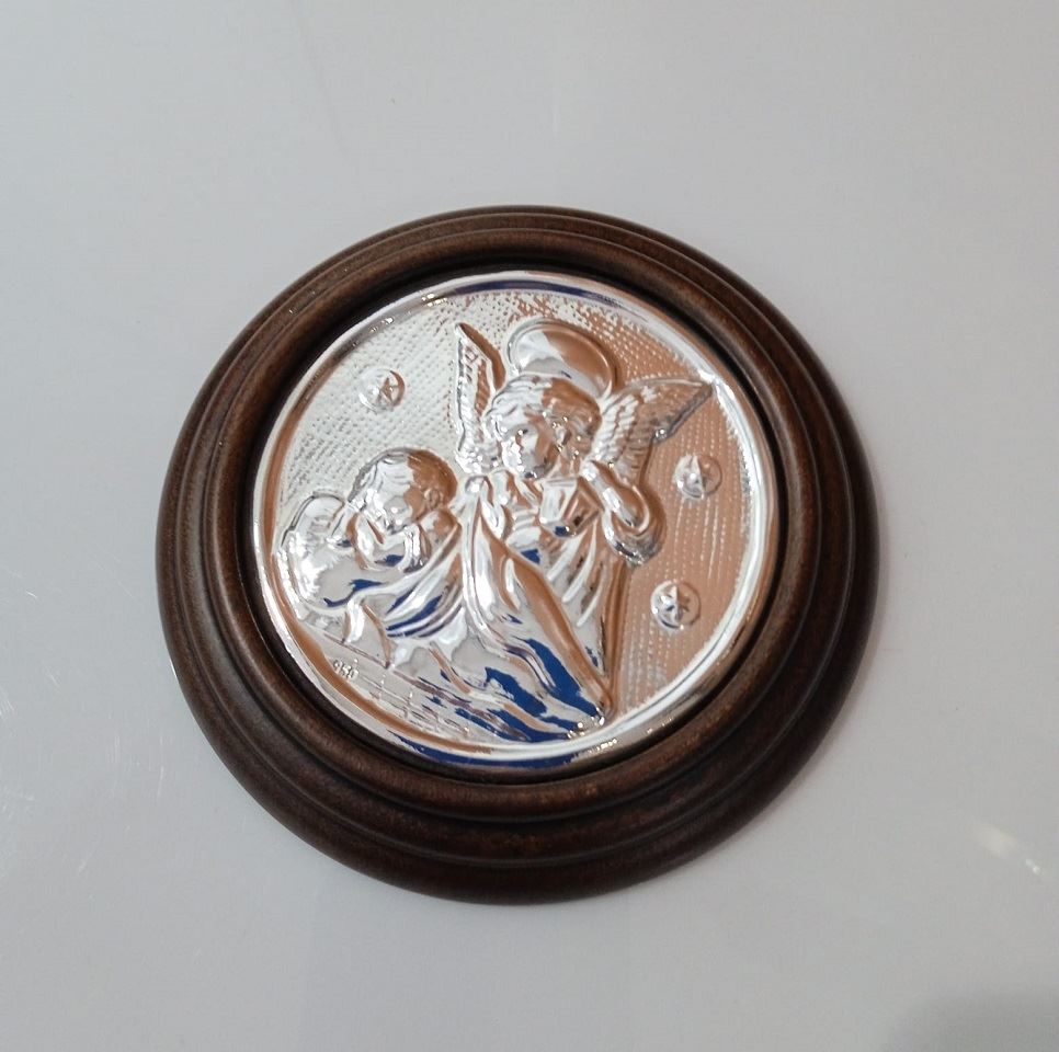 Medalla de Cuna en Madera Nogal con Aplique de Angel de la Guarda