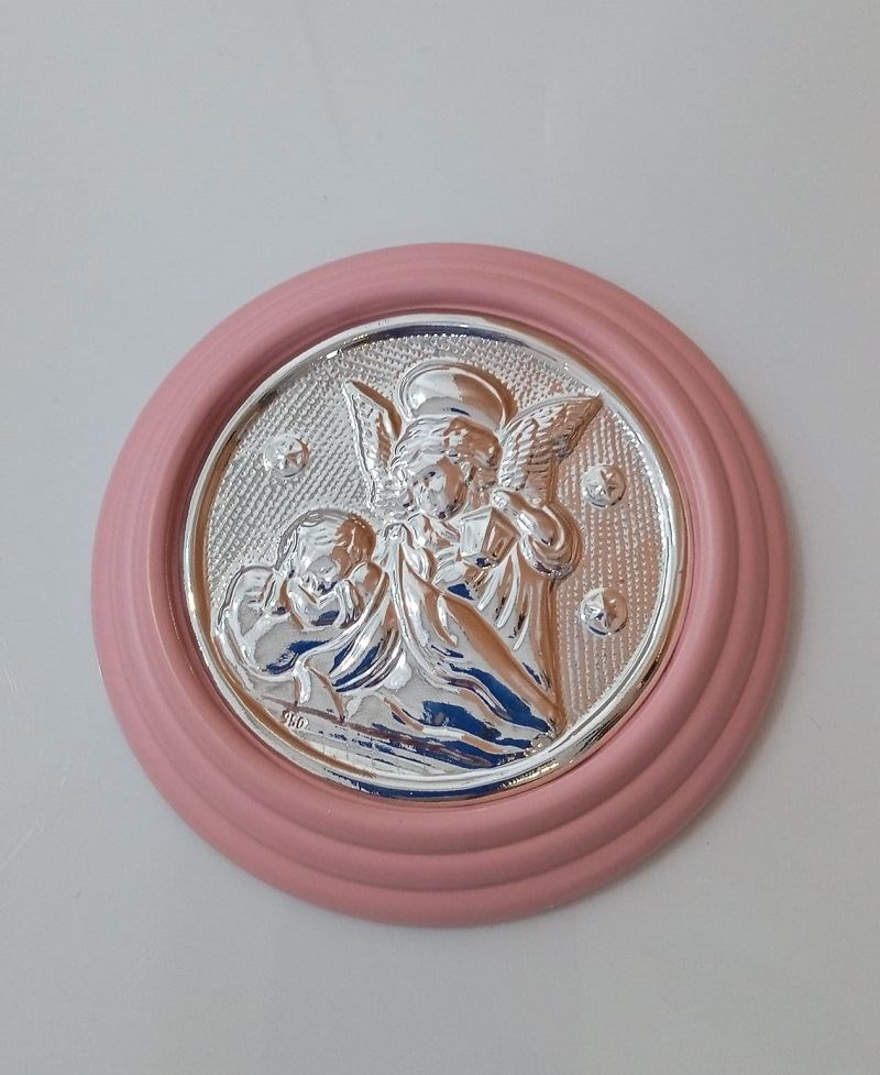 Medalla de Cuna en Madera Rosado con Aplique de Angel de la Guarda
