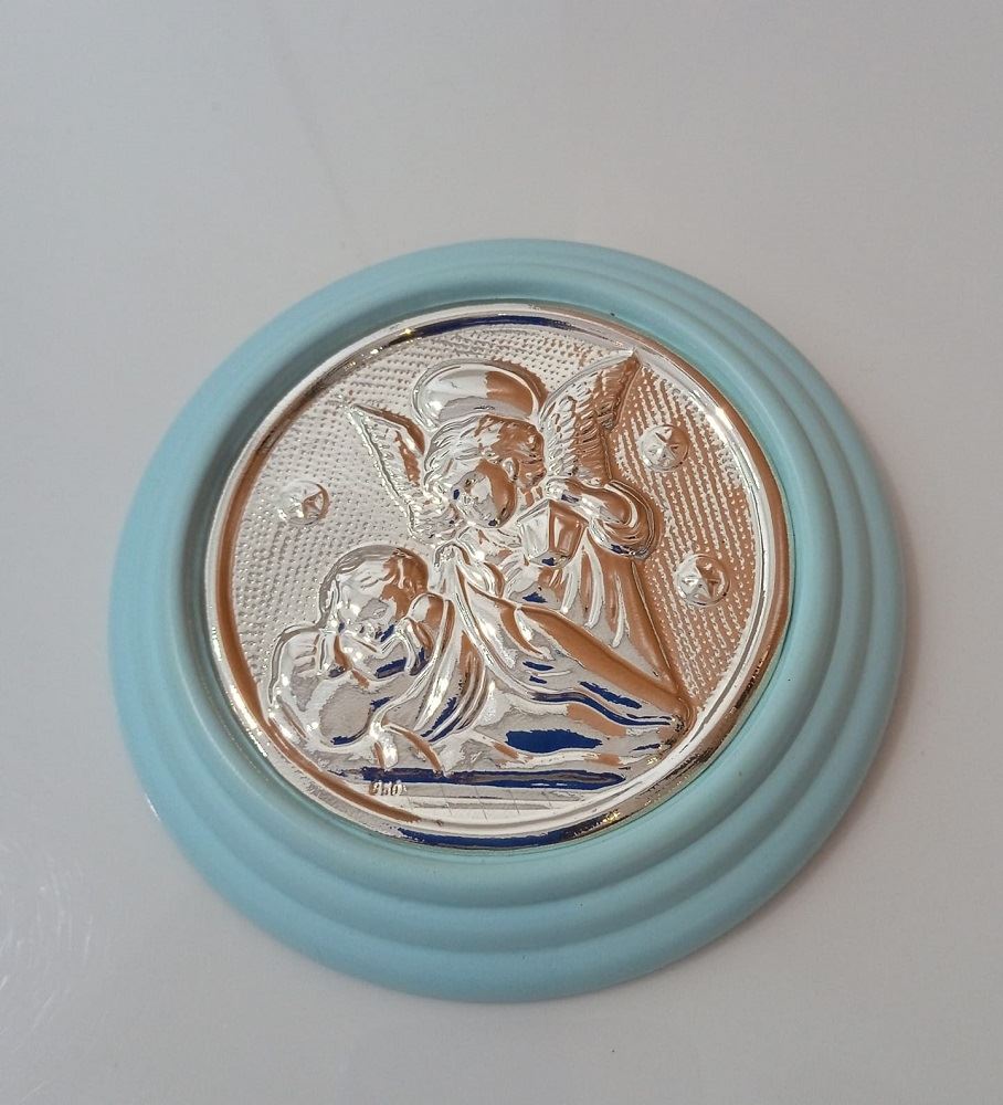 Medalla de Cuna en Madera Celeste con Aplique de Angel de la Guarda