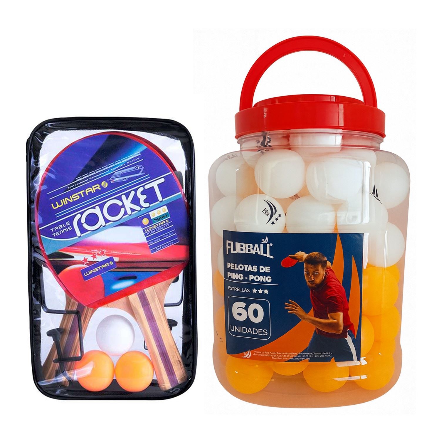 KIT DE PING PONG 2 RAQUETAS WINSTAR, 2 GANCHOS, 1RED, 1ESTUCHE MÁS 1 FRASCO DE 60 PELOTAS DE PING PONG FUBBAL