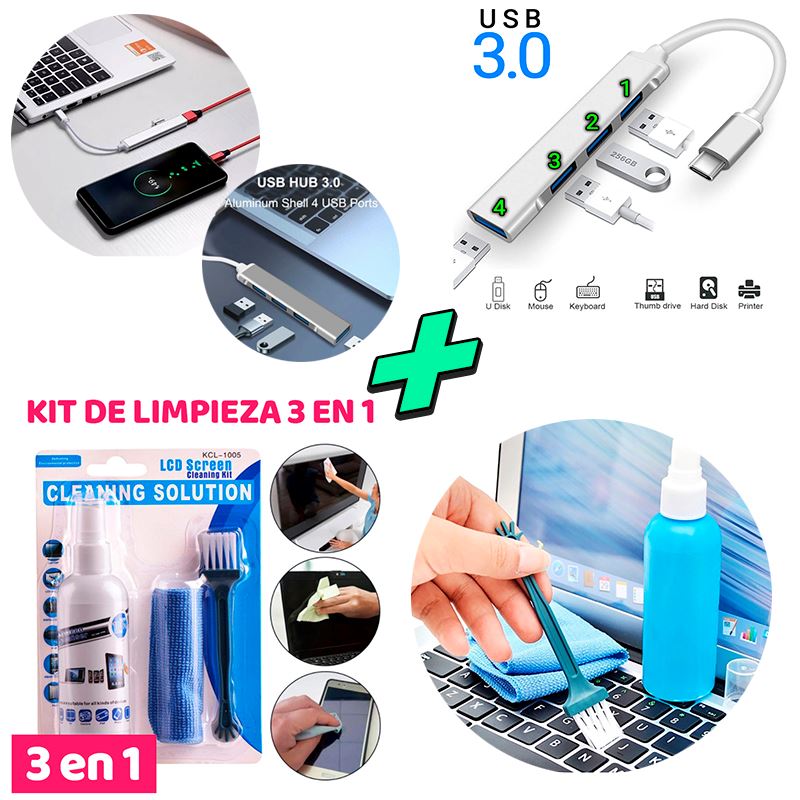 Kit de Limpieza p/ Laptop + Hub a USB 3.0 de 4 Puertos tipo C