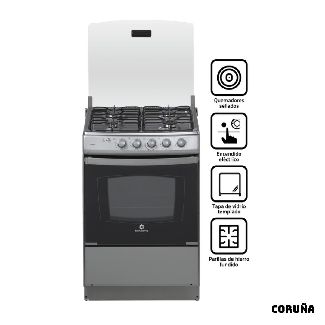 COCINA DE PIE INDURAMA A GAS 4 HORNILLAS ACERO INOX - CORUÑA