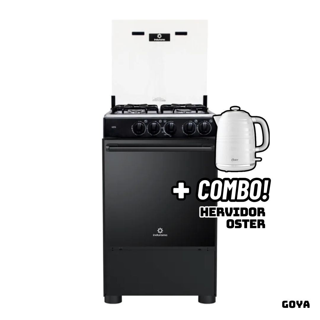 COCINA DE PIE INDURAMA A GAS 4 HORNILLAS - GOYA + HERVIDOR OSTER BLANCO