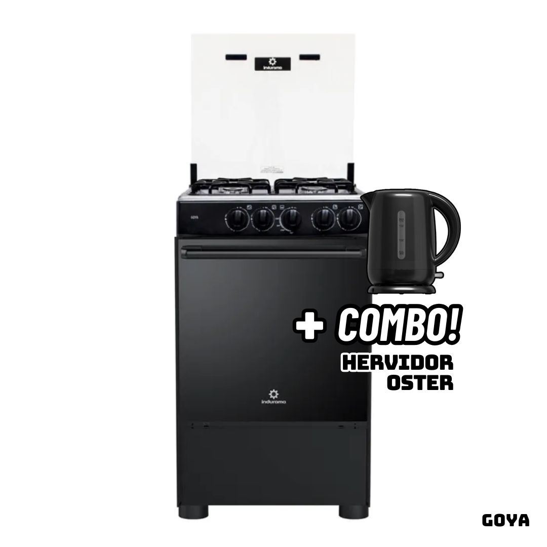 COCINA DE PIE INDURAMA A GAS 4 HORNILLAS - GOYA + HERVIDOR OSTER NEGRO