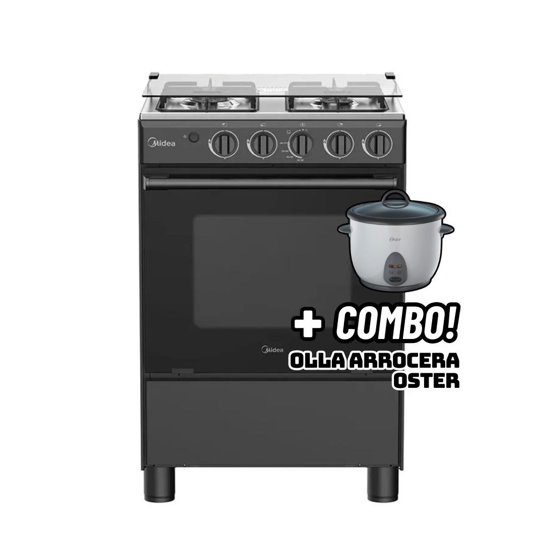 COCINA DE PIE MIDEA A GAS 4 HORNILLAS NEGRO - MGS24FS2LFABBC-PE + ARROCERA OSTER BLANCA