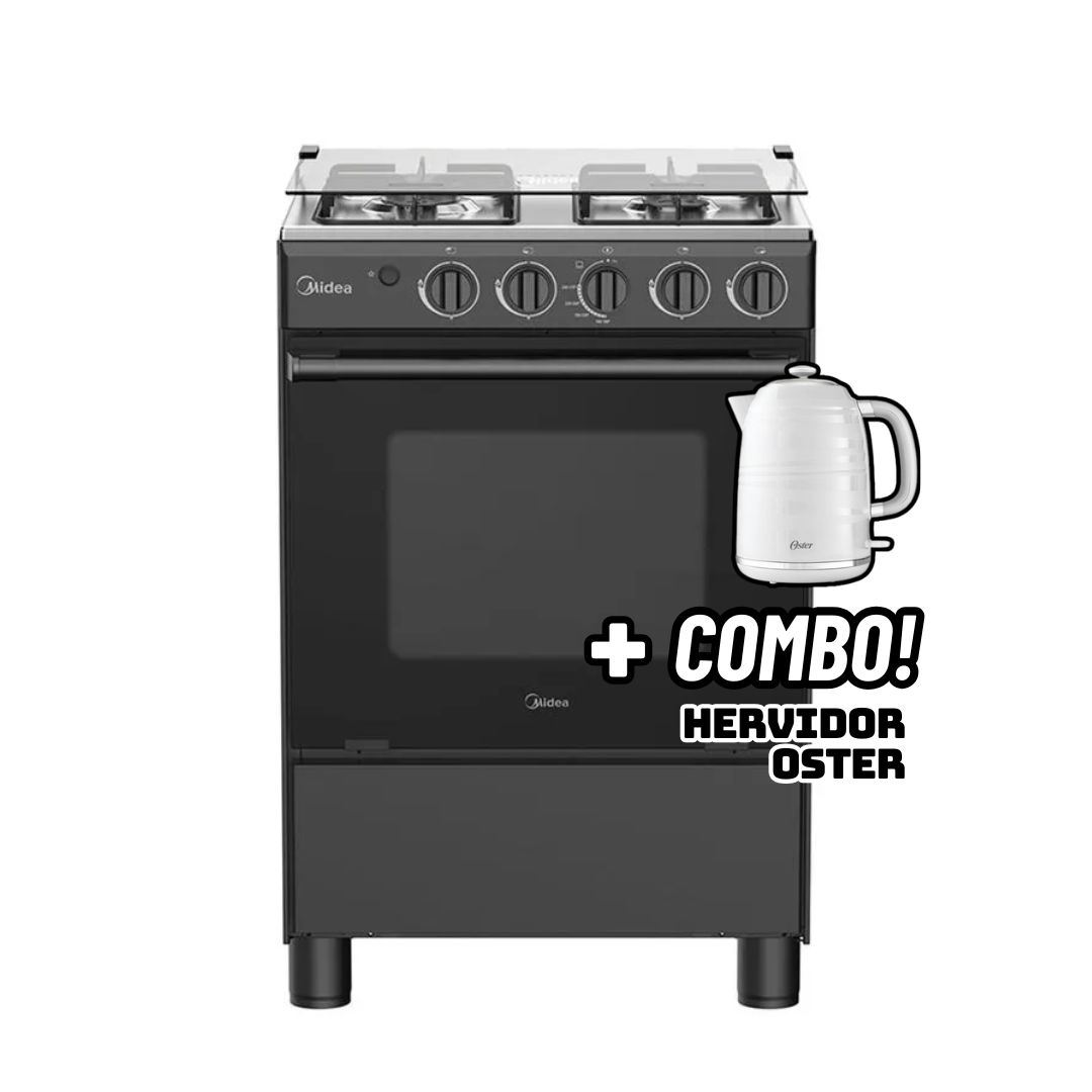 COCINA DE PIE MIDEA A GAS 4 HORNILLAS NEGRO - MGS24FS2LFABBC-PE + HERVIDOR OSTER BLANCO