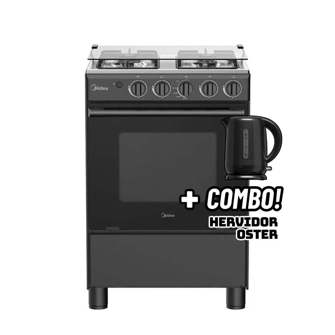 COCINA DE PIE MIDEA A GAS 4 HORNILLAS NEGRO - MGS24FS2LFABBC-PE + HERVIDOR OSTER NEGRO