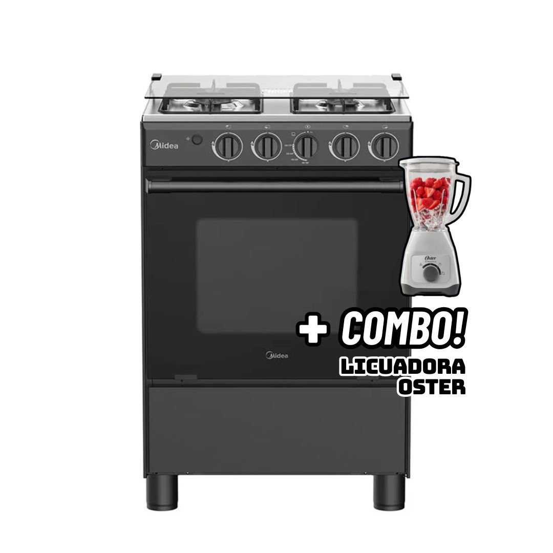 COCINA DE PIE MIDEA A GAS 4 HORNILLAS NEGRO - MGS24FS2LFABBC-PE + LICUADORA OSTER BLANCA