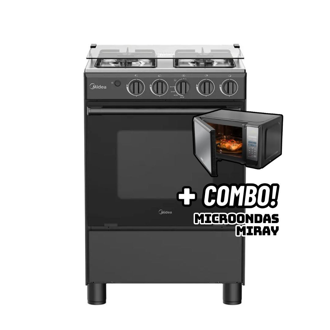 COCINA DE PIE MIDEA A GAS 4 HORNILLAS NEGRO - MGS24FS2LFABBC-PE + MICROONDAS MIRAY HMM-20N