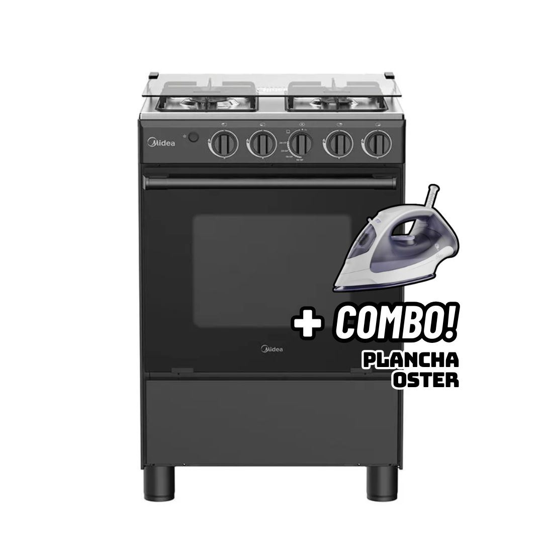 COCINA DE PIE MIDEA A GAS 4 HORNILLAS NEGRO - MGS24FS2LFABBC-PE + PLANCHA OSTER