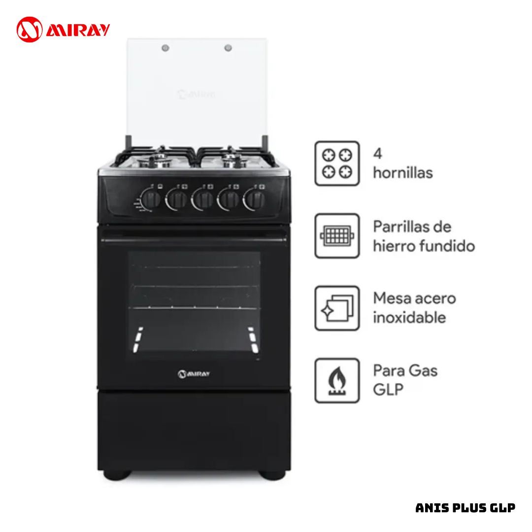 COCINA DE PIE MIRAY A GAS 4 HORNILLAS NEGRO - ANIS PLUS GLP