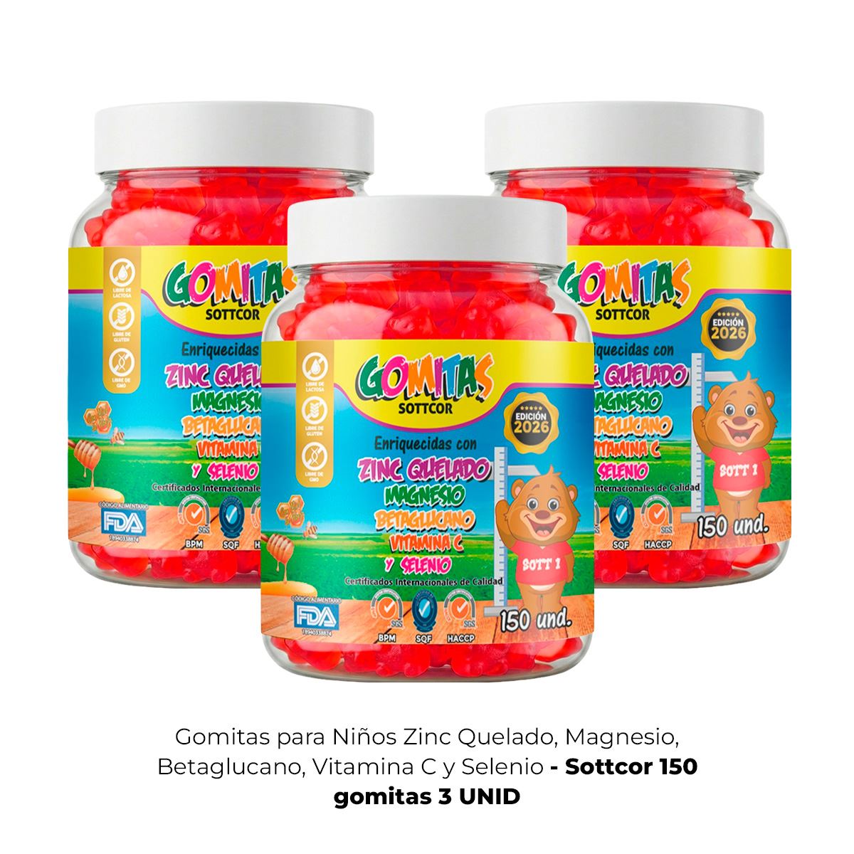 3 Gomitas para Niños Zinc Quelado 150 Gomitas Sottcor