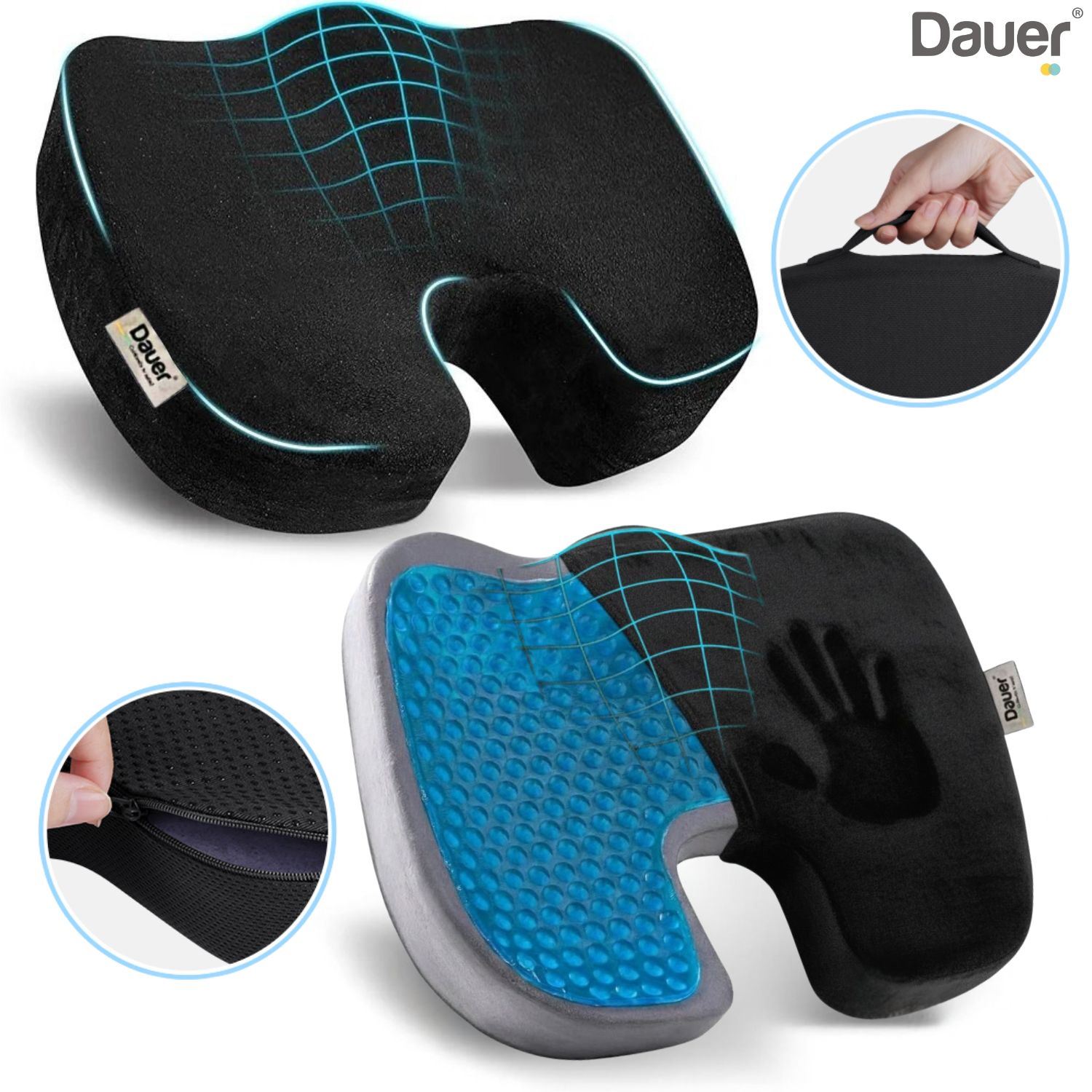 Asiento Cojín Viscoelástico Dauer Gel Ortopédico y Carbon de bambu con forro y asa