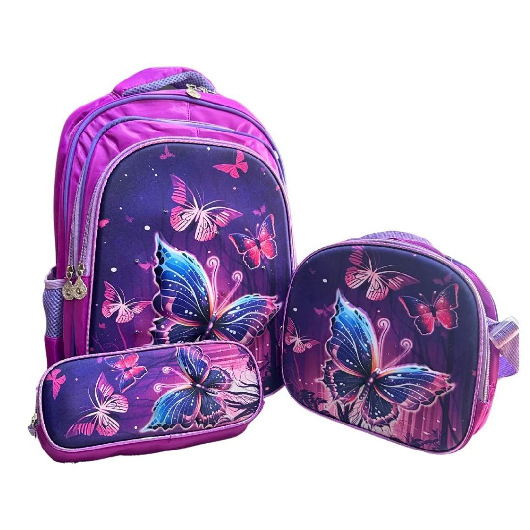 Set Mochila Princesa 3d Lonchera Estuche Con Relieve Y Luces