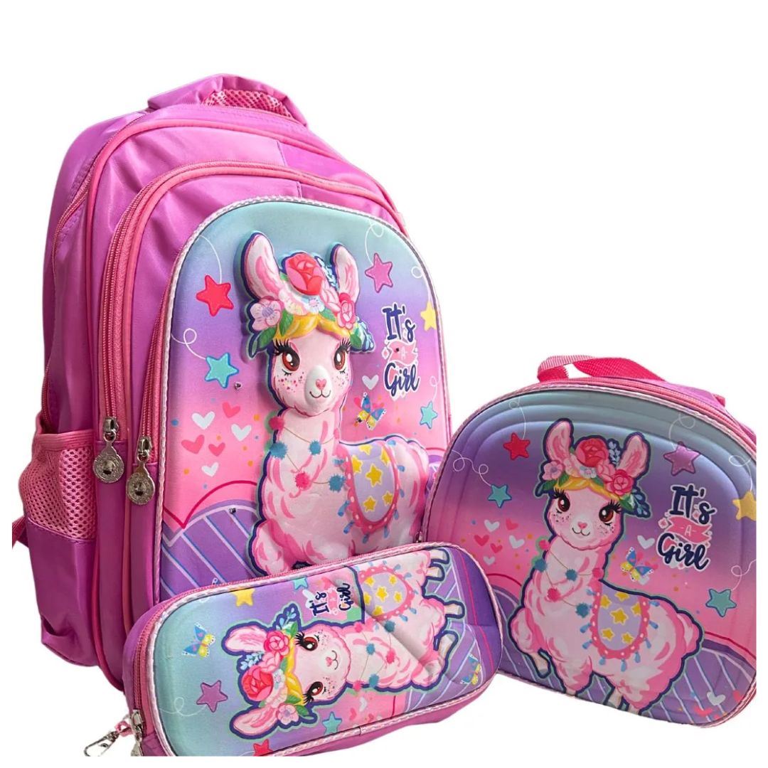 Set Mochila Princesa 3d Lonchera Estuche Con Relieve Y Luces