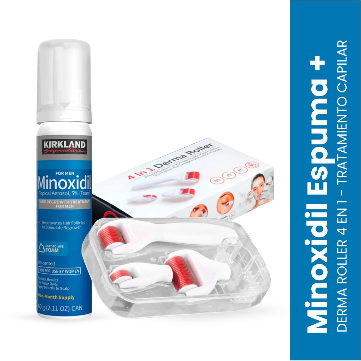 Minoxidil Espuma Kirkland 60ml + Derma Roller 4 en 1