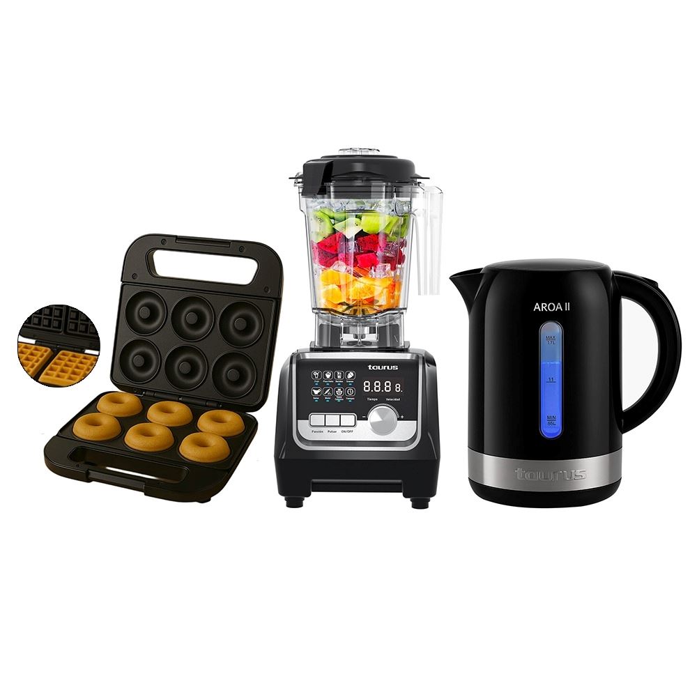 Combo Taurus: Licuadora Elite Professional + Maquina Donas y Wafles + Hervidora Aroa II