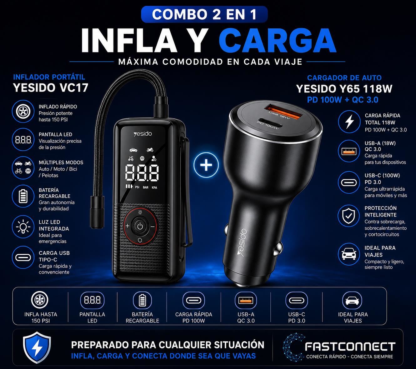 Combo Inflador Portátil YESIDO VC17 + Cargador de Auto YESIDO Y65 118W
