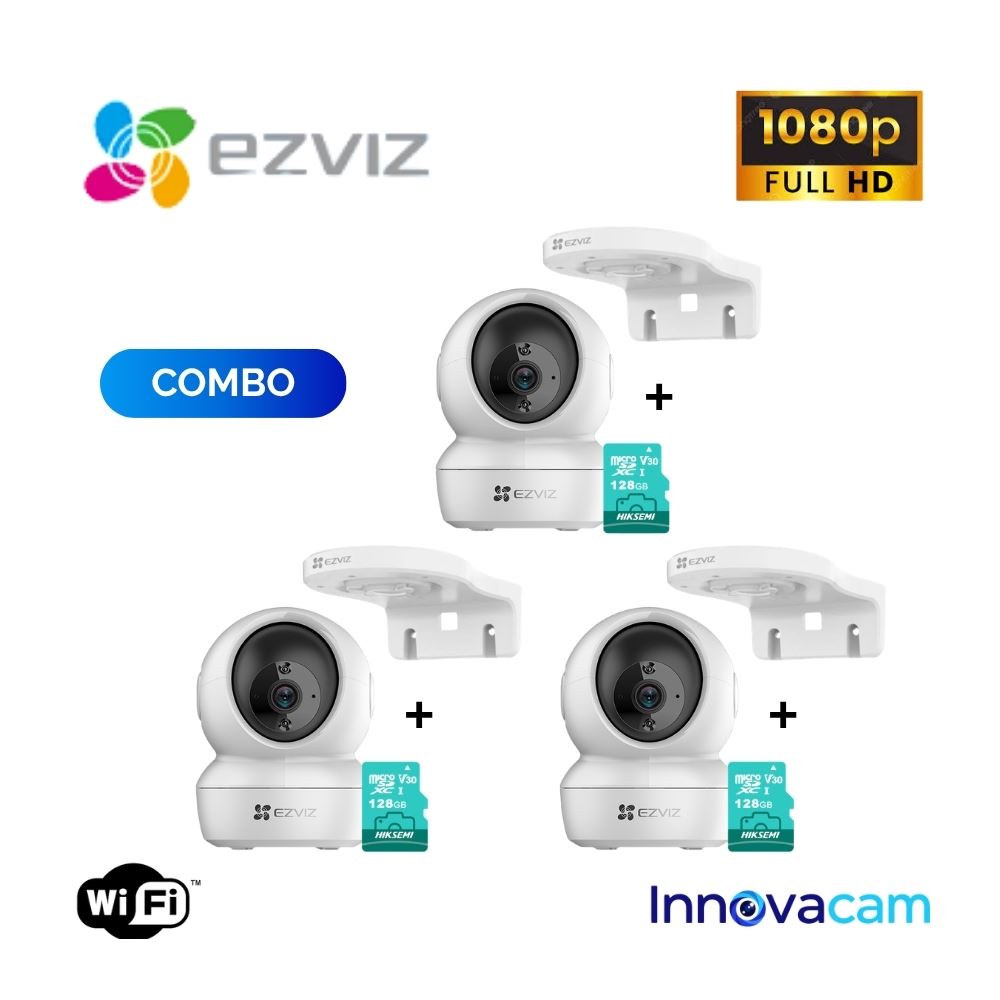 Pack x3 Cámaras EZVIZ H6c 360° Full HD + 2 Memorias 128GB + 3 Soportes de Pared