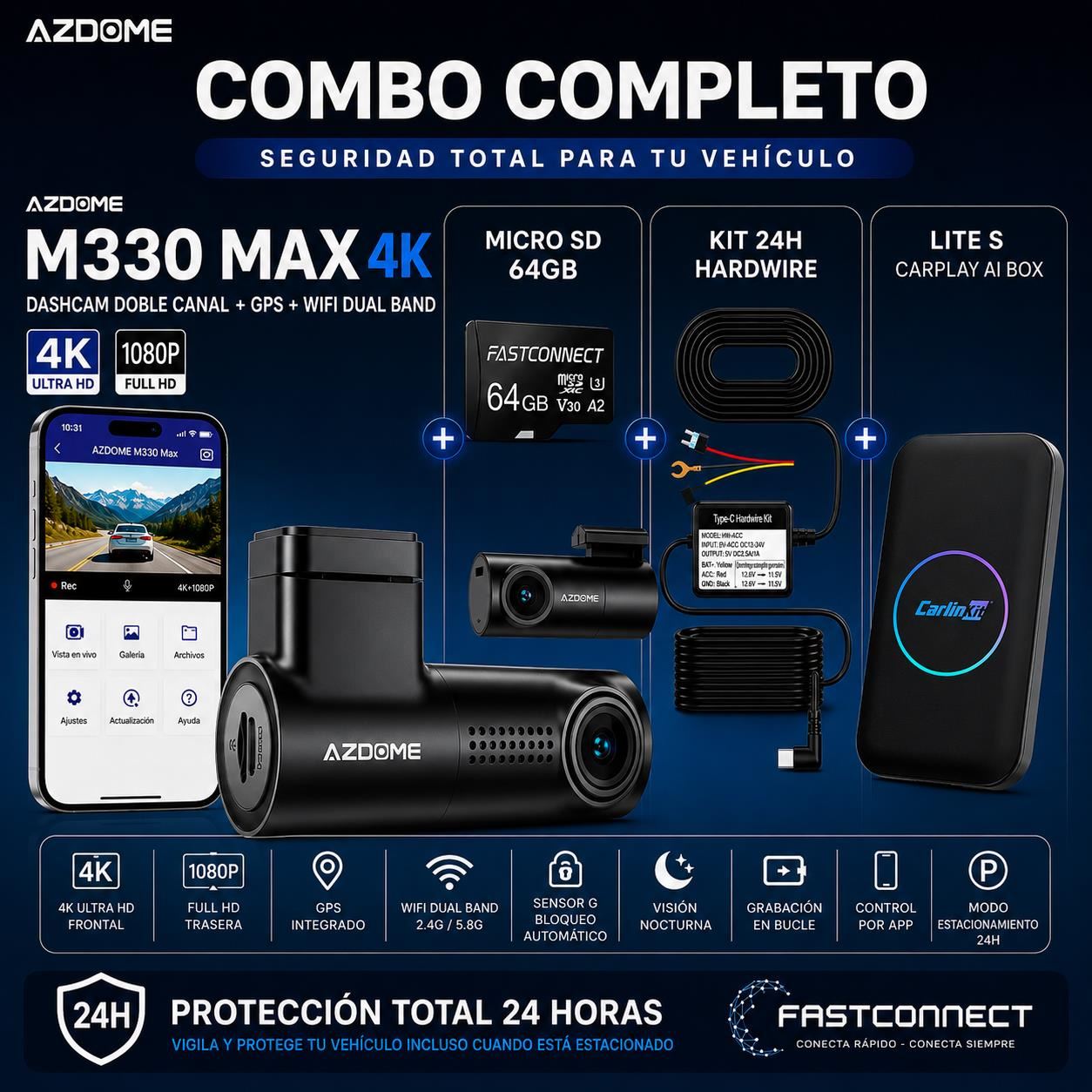 Combo Dashcam AZDOME M330 MAX 4K + Carlinkit Lite S + MicroSD 64GB + Kit 24H