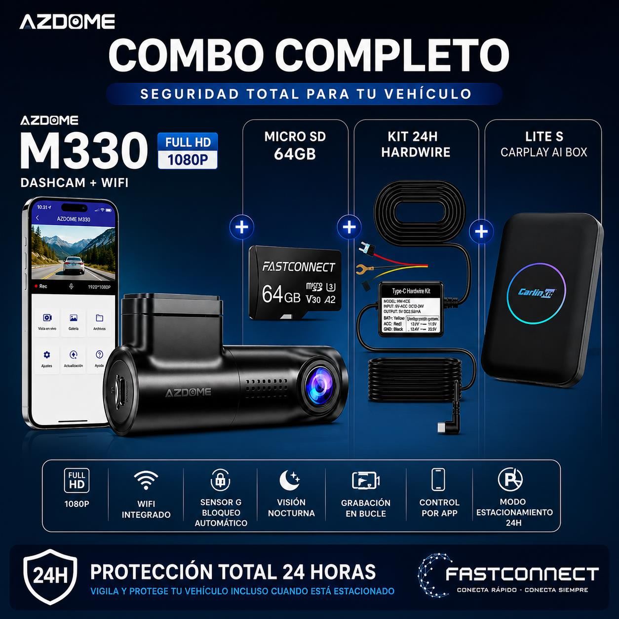 Combo Dashcam AZDOME M330 + Carlinkit Lite S + MicroSD 64GB + Kit 24H