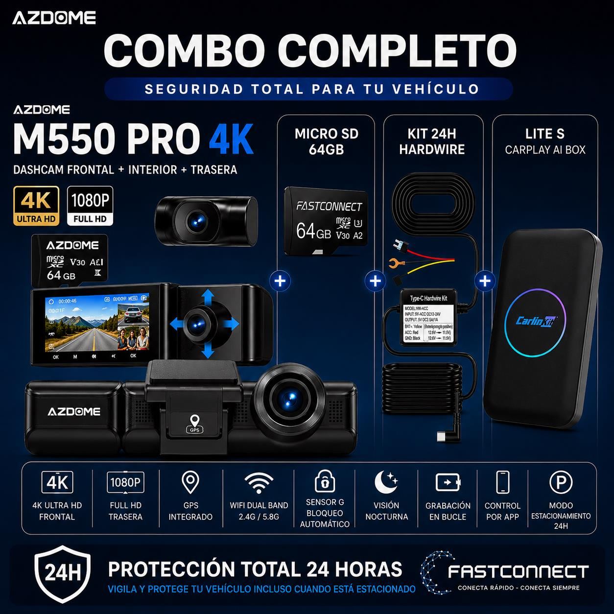 Combo Dashcam AZDOME M550 PRO 4K + Carlinkit Lite S + MicroSD 64GB + Kit 24H