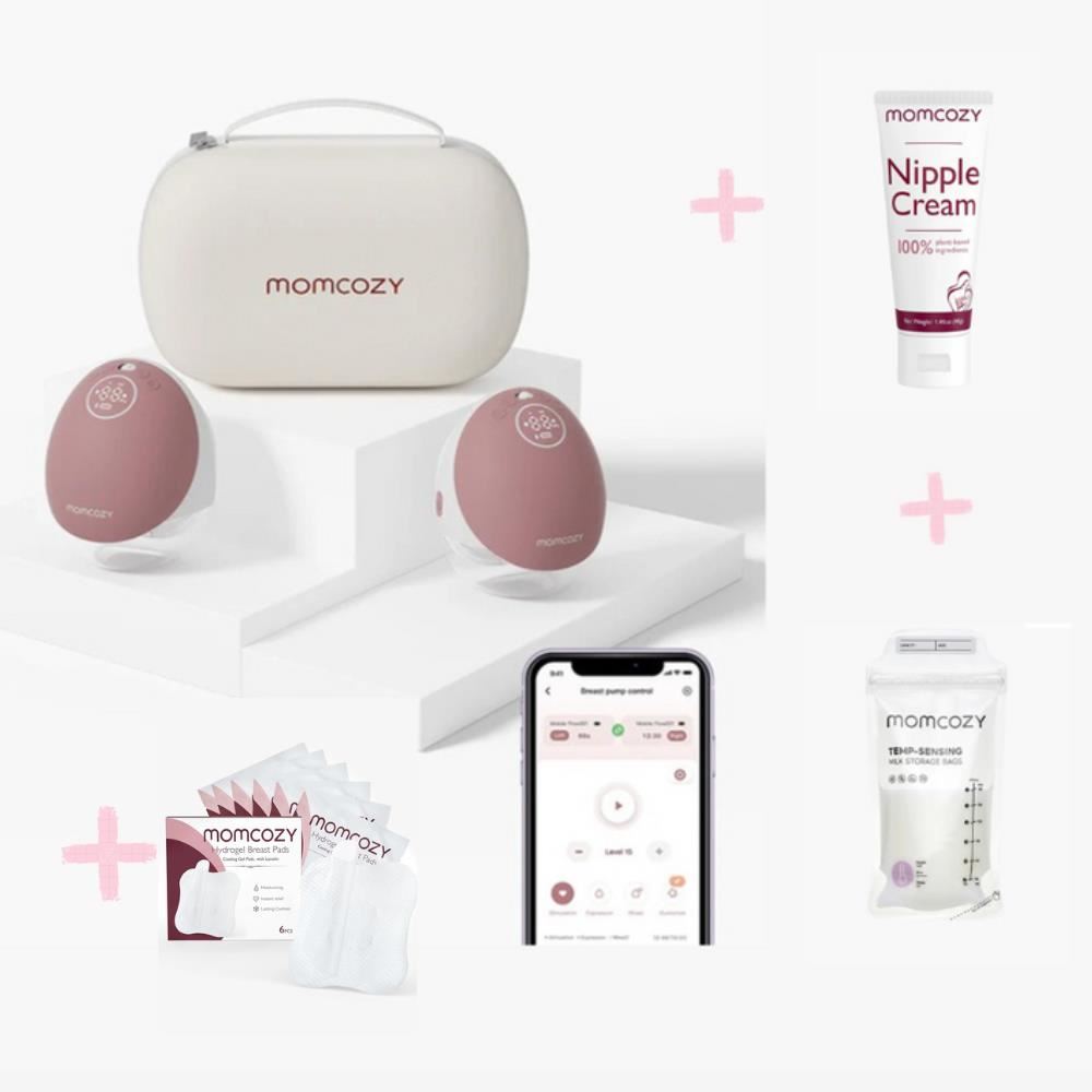 Extractor de leche manos libres Momcozy Mobile Flow M9 + crema para pezones + 7 bolsas de almacenamiento de leche + parche para pezón