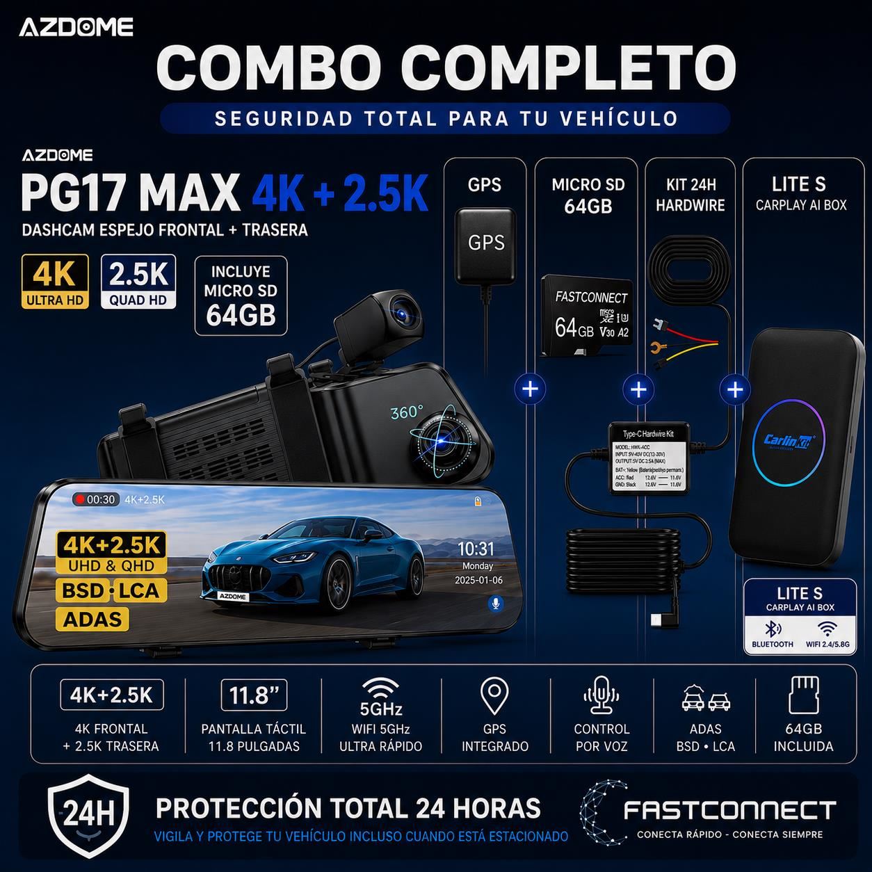 Combo Dashcam Espejo AZDOME PG17 MAX 4K + Carlinkit Lite S + MicroSD 64GB + Kit 24H