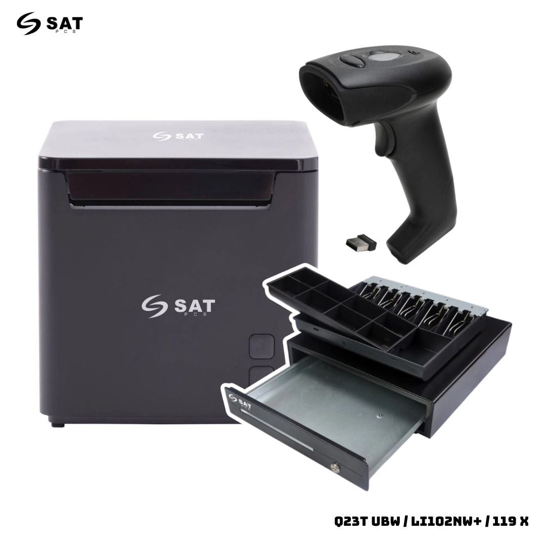 COMBO SAT IMPRESORA TERMICA Q23T UBW + LECTOR DE BARRAS LI102NW+ + GAVETA 119X