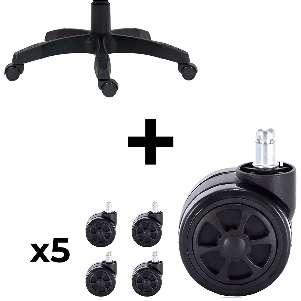COMBO BASE PARA SILLA GAMER REPUESTO SHINE SERIES NEGRO + PACK 5 RUEDAS PARA SILLA GAMER GIRATORIAS