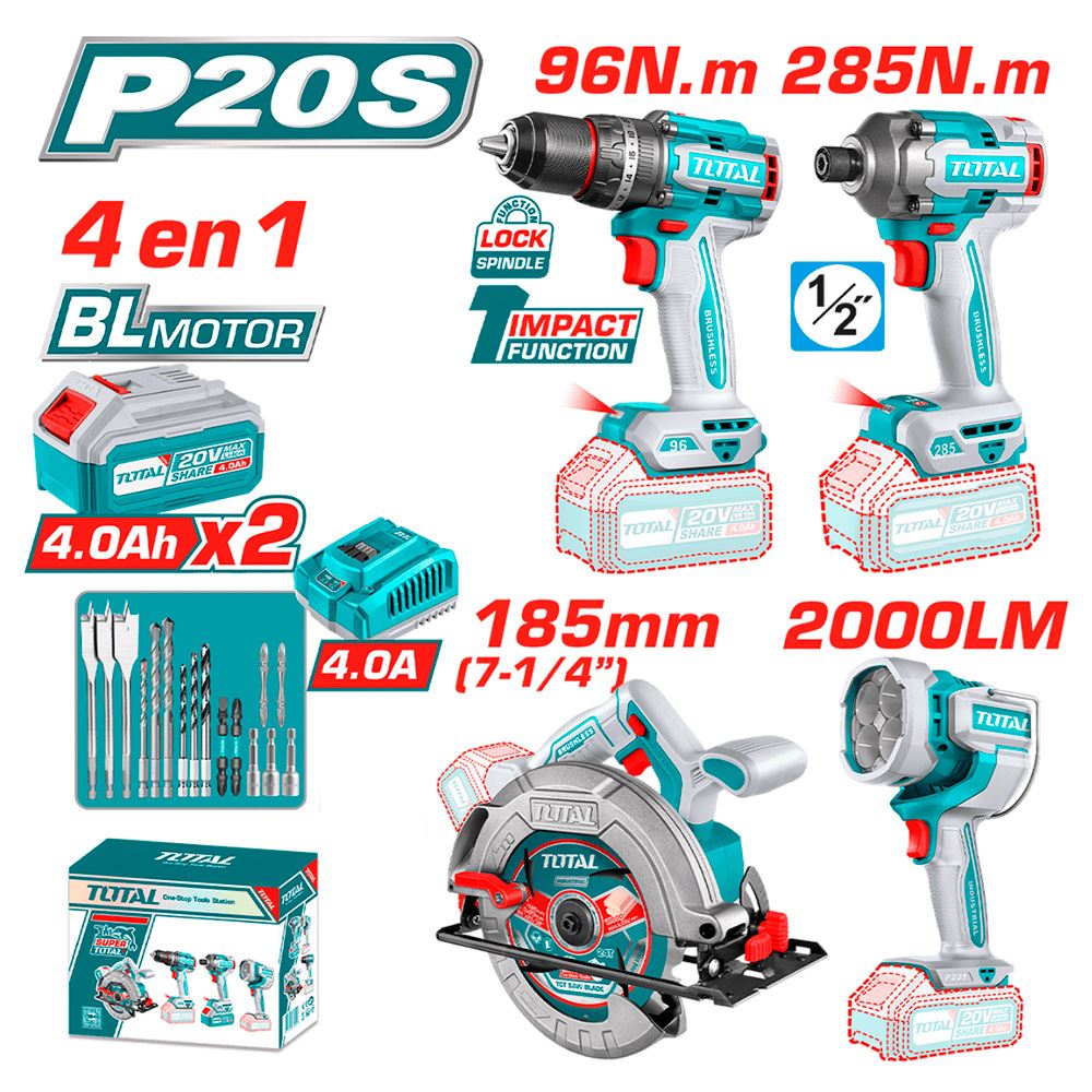 Combo Total TOSLI241297 Taladro Percutor 96Nm + Atornillador Impacto 285Nm + Sierra Cir. + Linterna