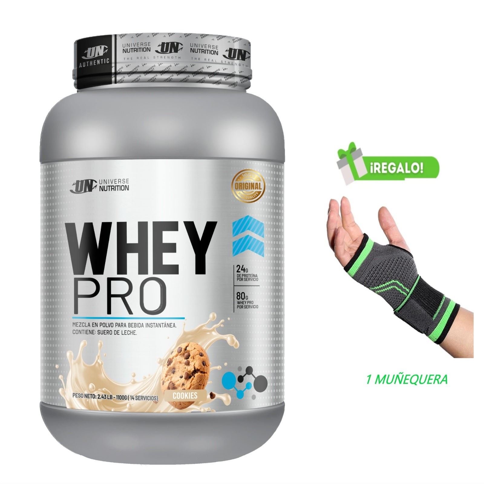 PROTEÍNA WHEY PRO 1.1 KG COOKIES + MUÑEQUERA