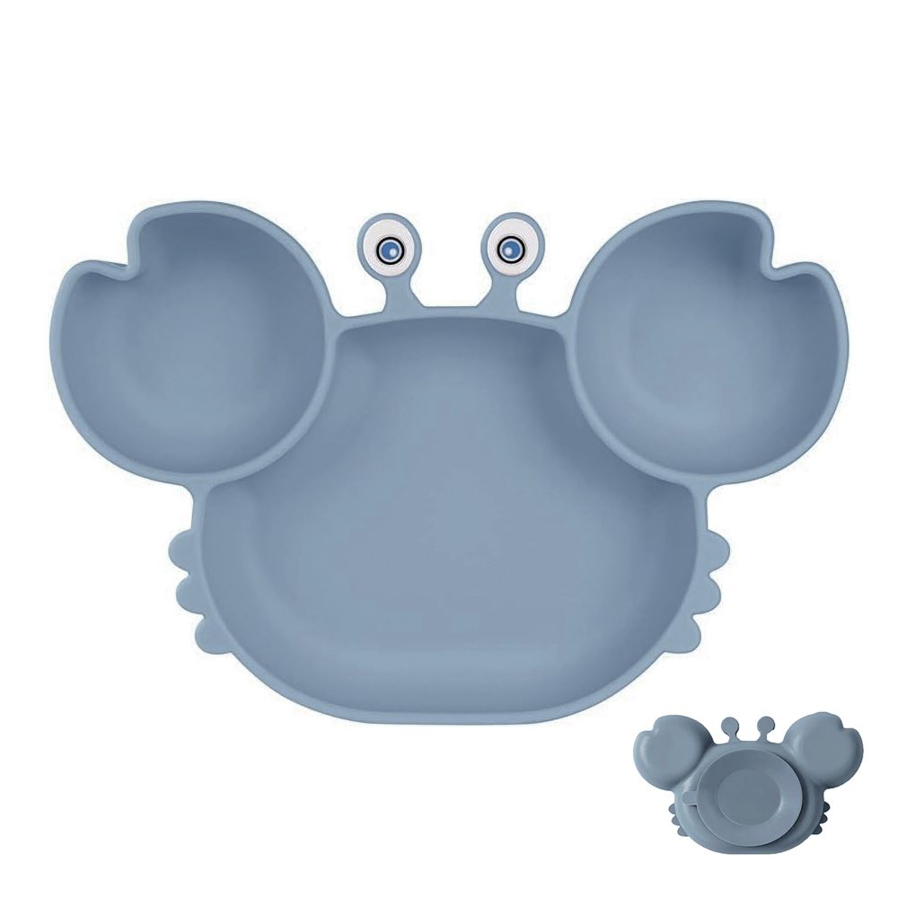 Plato silicona cangrejo celeste grisaceo con ventosa para bebe