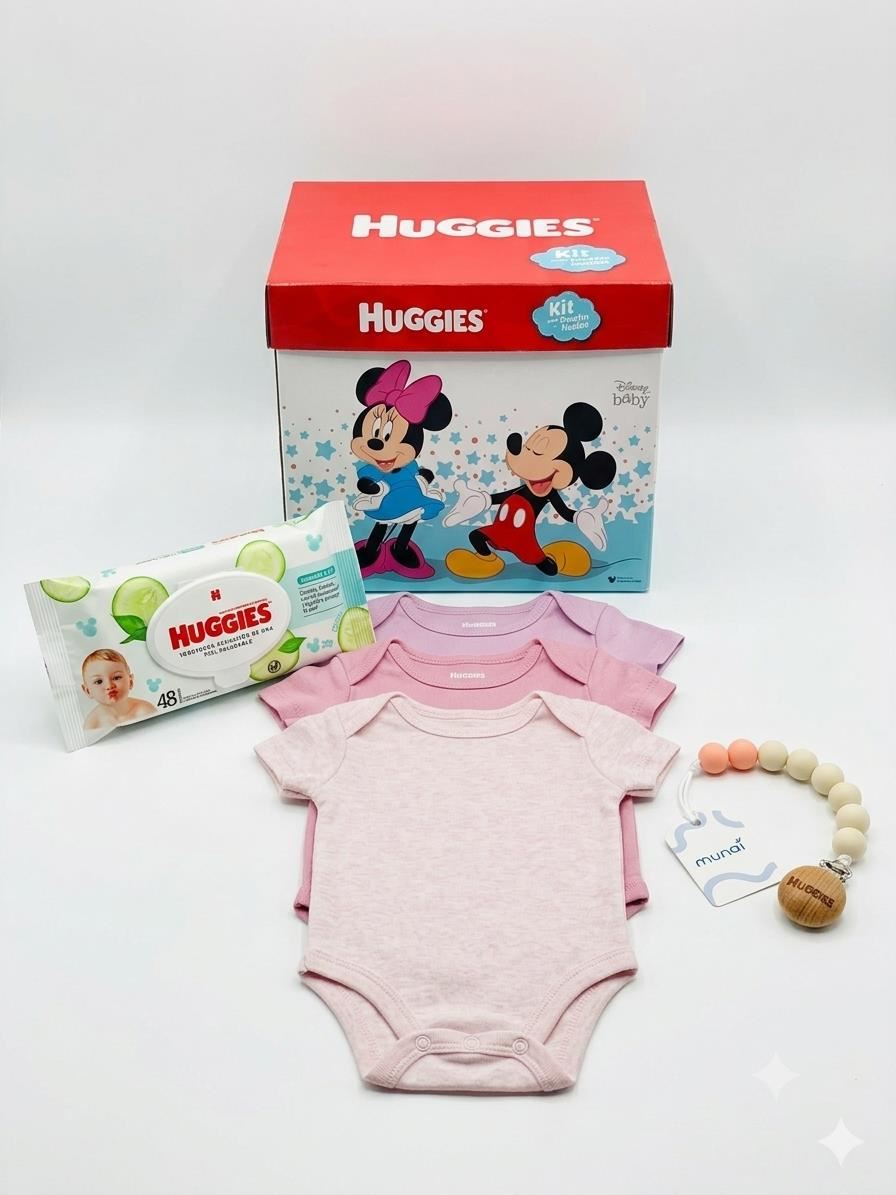 Pack de 3 bodies huggies niña coral  3 meses + toallitas húmedas 48 unid + portachupón + caja de regalo