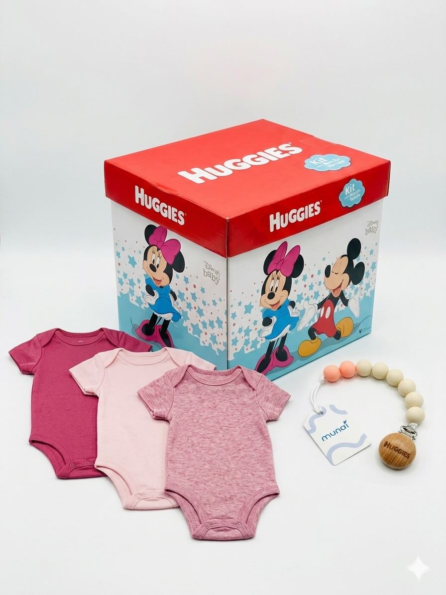 BODY NIÑA HUGGIES PACK X3 ALGODÓN ORGÁNICO CORAL 6 MESES + PORTACHUPÓN Y CAJA DISNEY DE REGALO