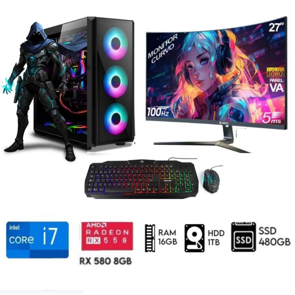 Computadora PC Gamer Core i7  Ram 16GB Disco 1TB+SSD 480GB  RX 580 8GB M 27´´