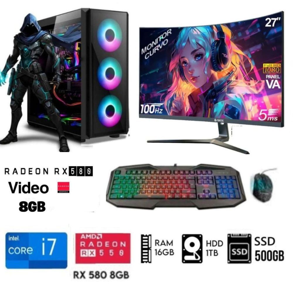 Computadora PC Gamer Core i7  Ram 16GB Disco 1TB+SSD 500GB  RX 5500 8GB M27´´