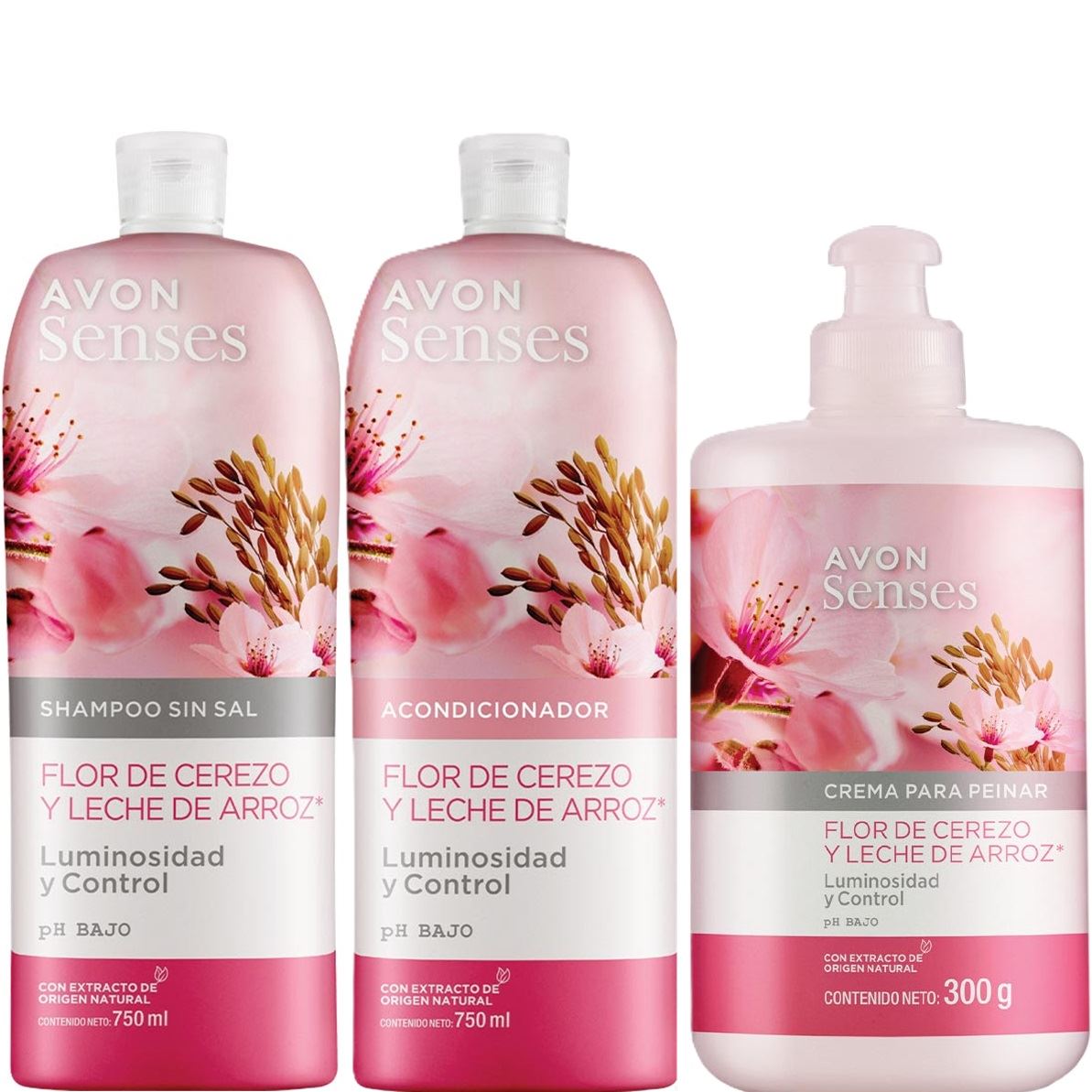 kit Shampoo y acondicionado y crema de peinas Avon Senses  Flor de cerezo y leche de arroz de Avon