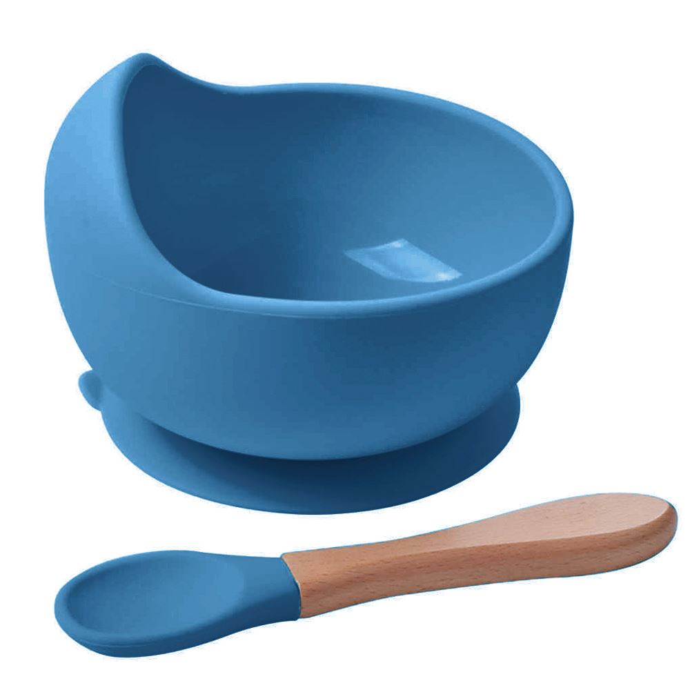 Cuenco de silicona Azul acero con cuchara para bebe