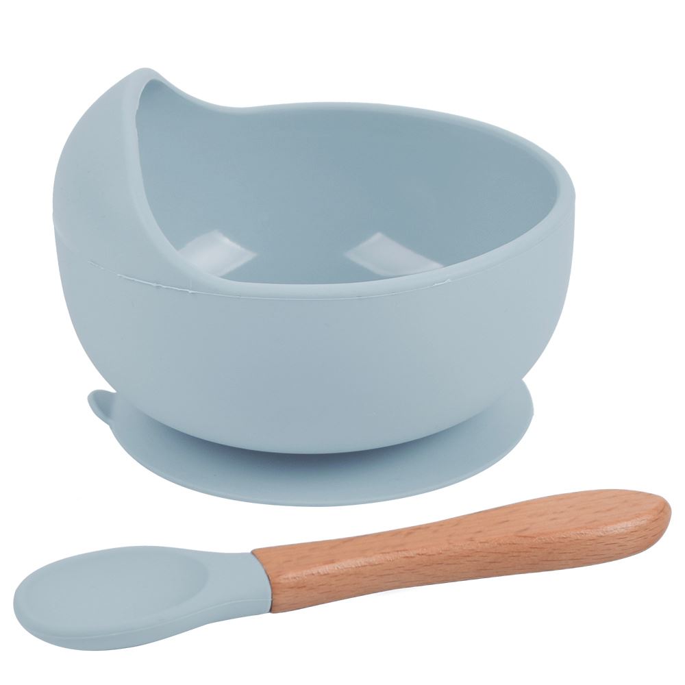 Cuenco de silicona Azul acero con cuchara para bebe