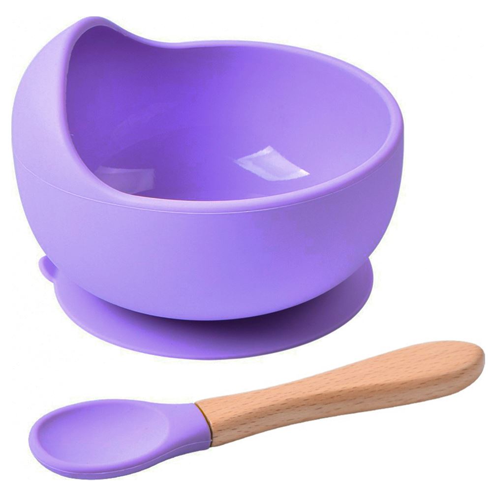 Cuenco de silicona lila con cuchara para bebe