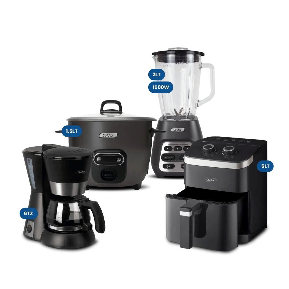 Combo Coldex: Licuadora 2LT + Olla Arrocerra 1.5LT + Cafetera 6 Tazas + Freidora de Aire 5LT