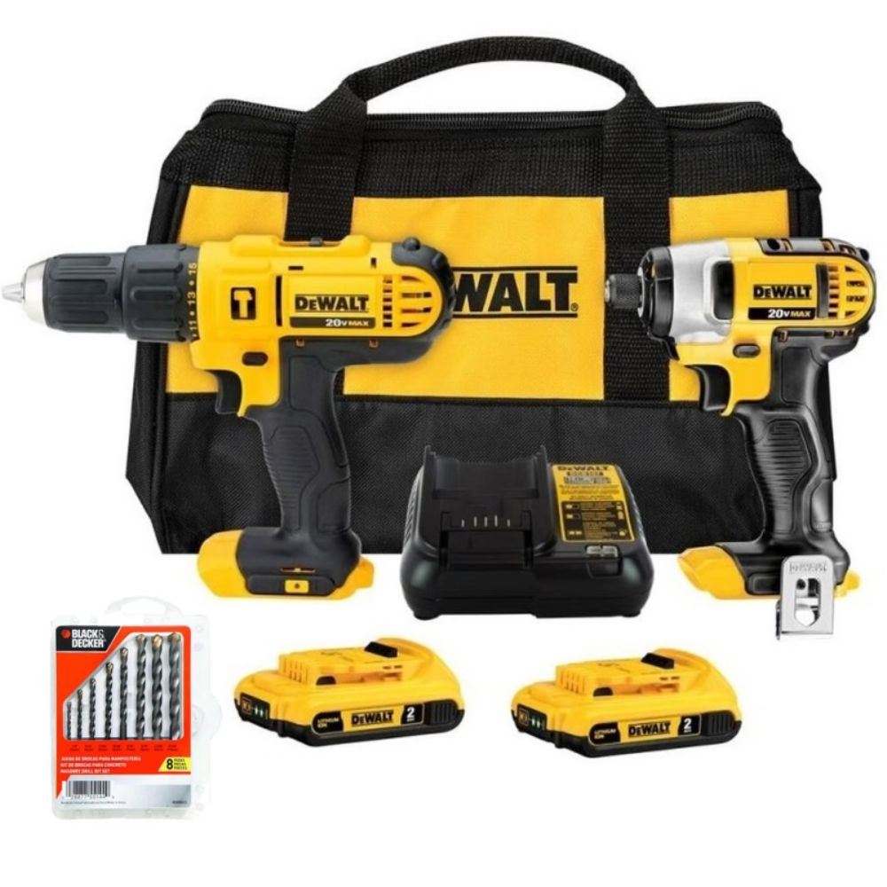 Taladro Perc 1/2" + Atornillador de Impacto 1/4" 20V + Set de Brocas Dewalt DCK222D2-K3